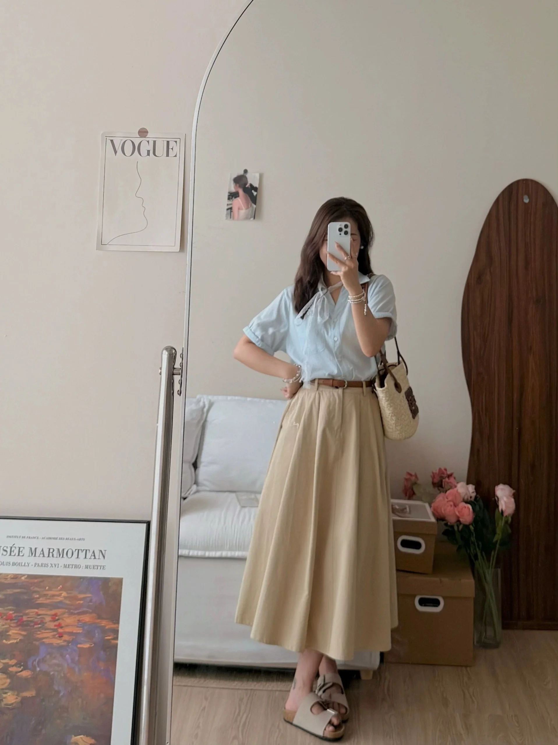 High Waist A-Line  Skirt Women's Khaki Color Artistic Style LANJIANG Cappuccino Half-length Skirts for Ladies