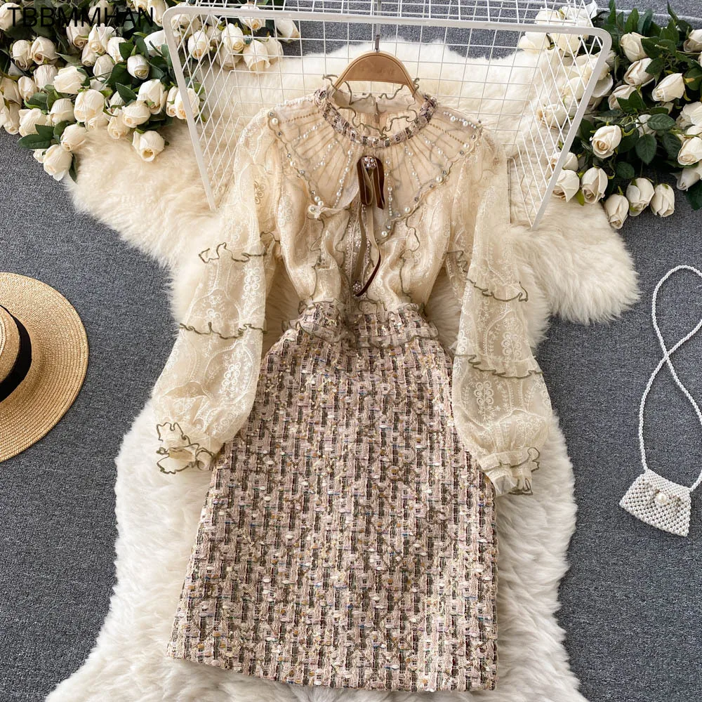 

Luxury Women's French Retro Little Fragrant Dress Office Lady Elegant Working Dress Heavy Industry Beaded Chic Design Dress
