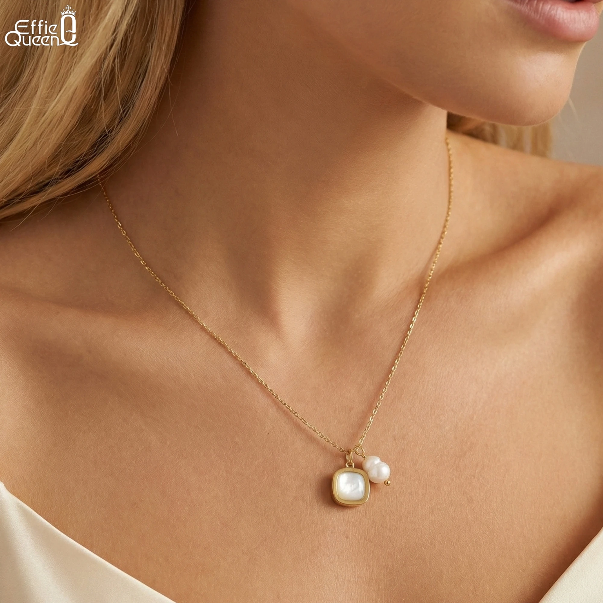 

EFFIE QUEEN Stainless Steel 18k Gold Pear Shaped Pearl Chain Necklace Timeless Jewelry for Women Wedding Party Banquet STPN02
