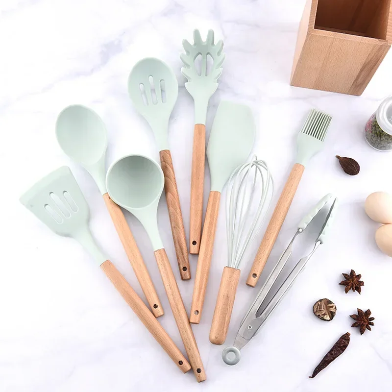 Fresh Blue Silica Gel Kitchenware Set Japanese Style Wooden Container Kitchenware 9 Piece Set Spatula Spoon Set