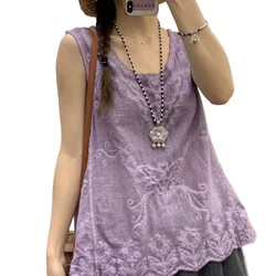 Women's Cotton Linen Vest Butterfly Flowers Embroidered Sleeveless Top