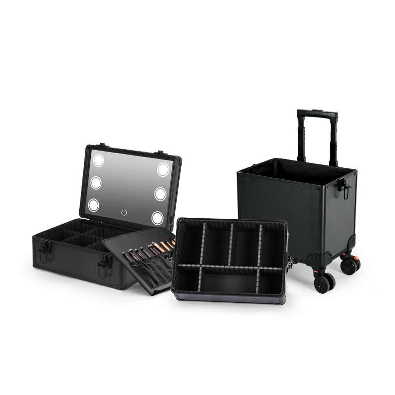 Professional Metal Makeup Case USB Powered LED Lights,3 Trays, Durable Cosmetic Train Table with Rolling Wheels and Mirror