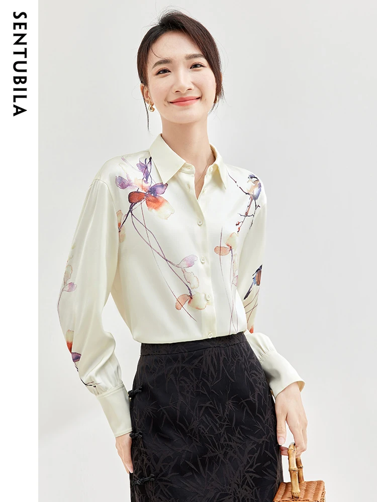 SENTUBILA Satin Blouse Women High Quality Button Up Loose Long Sleeve Shirt Polo Neck Chinese Style Print Spring Tops 133C51149