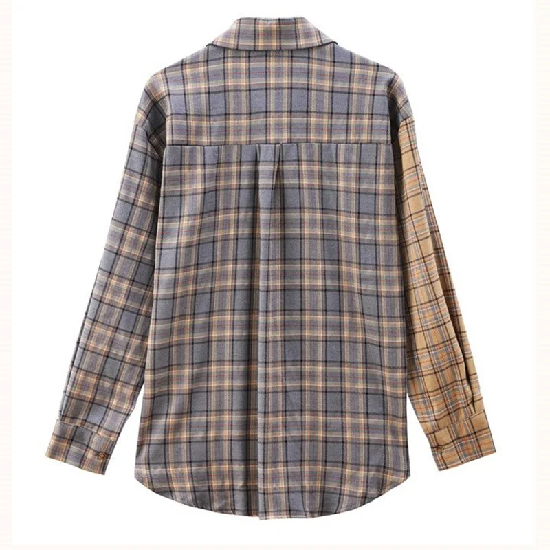 Plaid Printing Blouse Female Spring and Autumn 2023 New Turn-down Collar Patchwork Pockets Long Sleeve Single Breasted Shirt