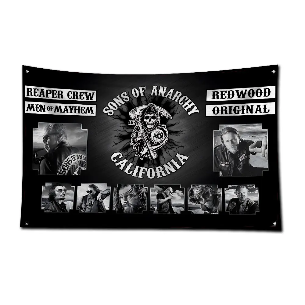 3x5 Ft S-Sons of Anarchy Flag Poliestrowy baner z nadrukiem cyfrowym do dekoracji drzwi garażowych z mosiężnymi przelotkami