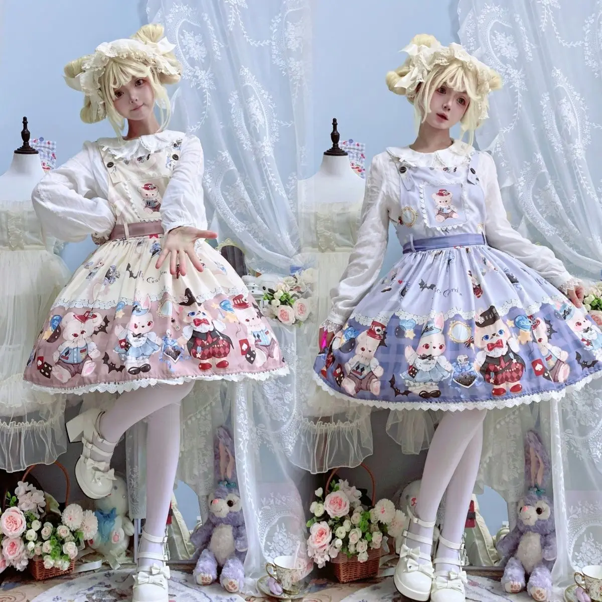 일본 소녀 귀여운 로리타 JSK 원피스 귀여운 토끼 프린트 드레스, 여성 파티, 여름 공주 멜빵 원피스