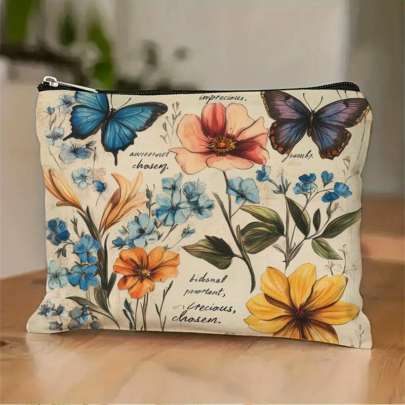Un sac de maquillage rétro imprimé floral et papillon - trousse de maquillage portable multifonctionnelle de grande capacité