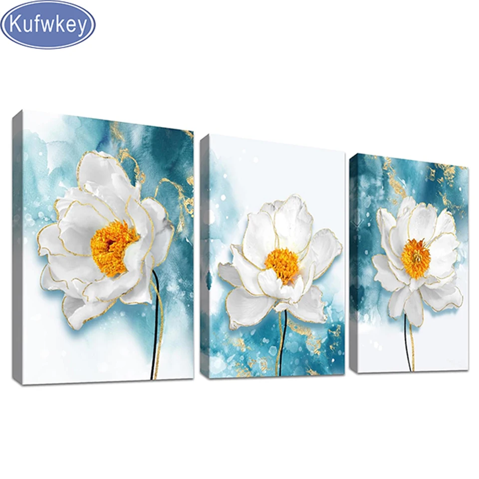 Triptych Blue White Flowers diamond painting new 2024 Full Round diamond mosaic Jewelry cross stitch dimond art home decor Gift