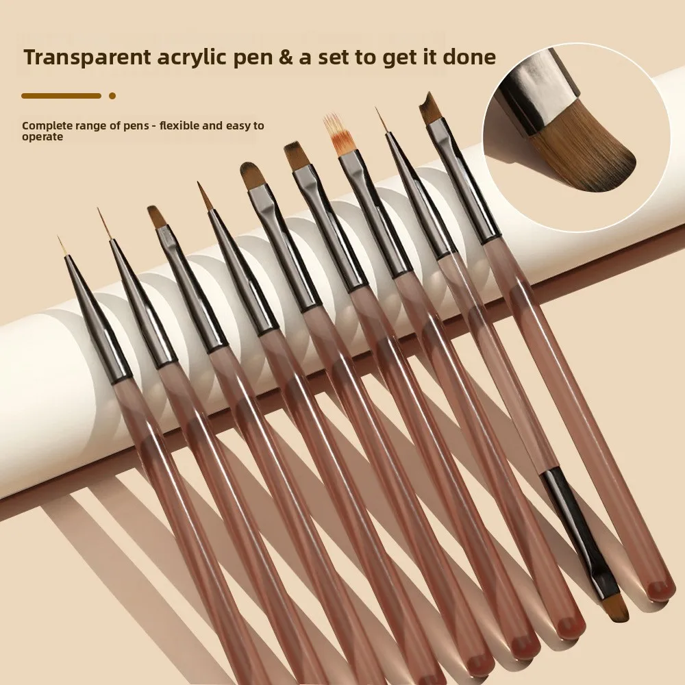 9Pcs Brown Nail Brush Kit, Multifunctional Phototherapy Pen, Sweeping Dust Brush, Fine Pull Line  Art Pen Tools