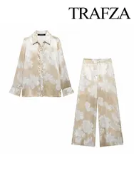 TRAFZA Women's Summer Clothing Chic Floral Print Silk Satin Casual Shirt + Retro Zipper Fly Pocket Trousers 2-piece Set