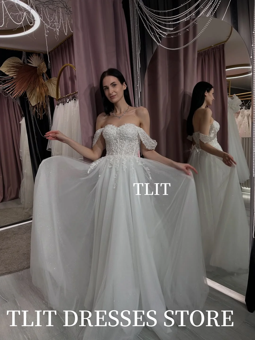 فساتين زفاف TLIT الفاخرة من التول الأبيض مخصصة على شكل قلب مزينة باللؤلؤ الكريستالي قبالة الكتف مشد زي العرائس #2