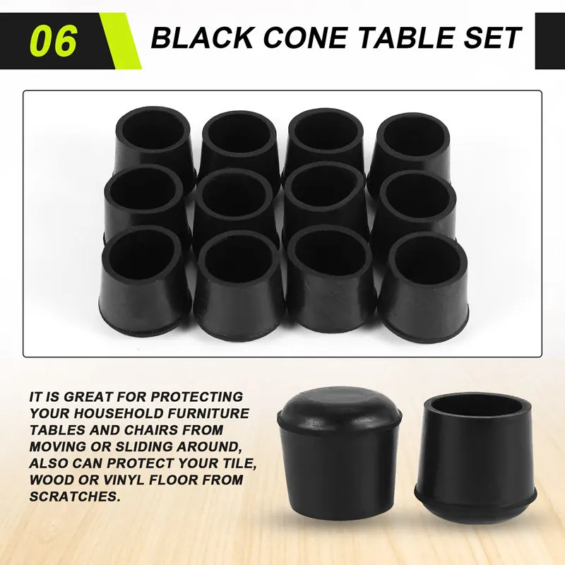 A96I-Mobiliário de borracha muleta pés fezes cadeira perna ponta almofada 12 peças preto