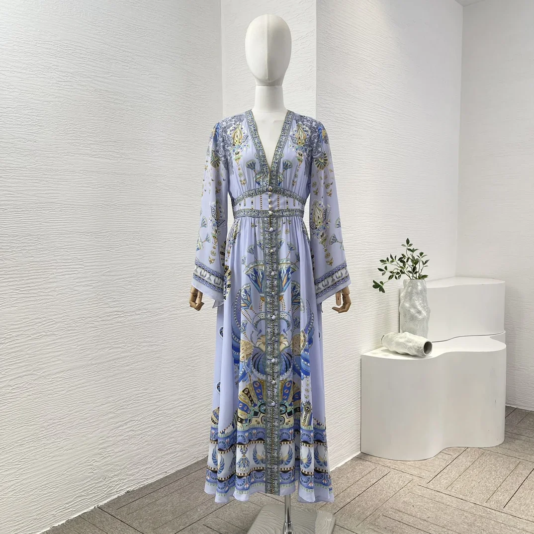 Silk Violet 2024 New Vacation High Quality Full Flare Sleeve Floral Print Elegant Women Midi Dress