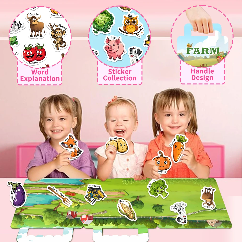 

36pcs Farm Sticker Book Reusable Cartoon Sticker Book for Kids Multiple Scenos DIY Puzzle Game Educational Learning Classic Toys