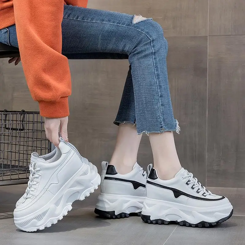 

Casual Style Thick Bottom High Top Dad Shoes Women's Korean Version Leather Slip-On Sneakers Increased Height Inner Soles