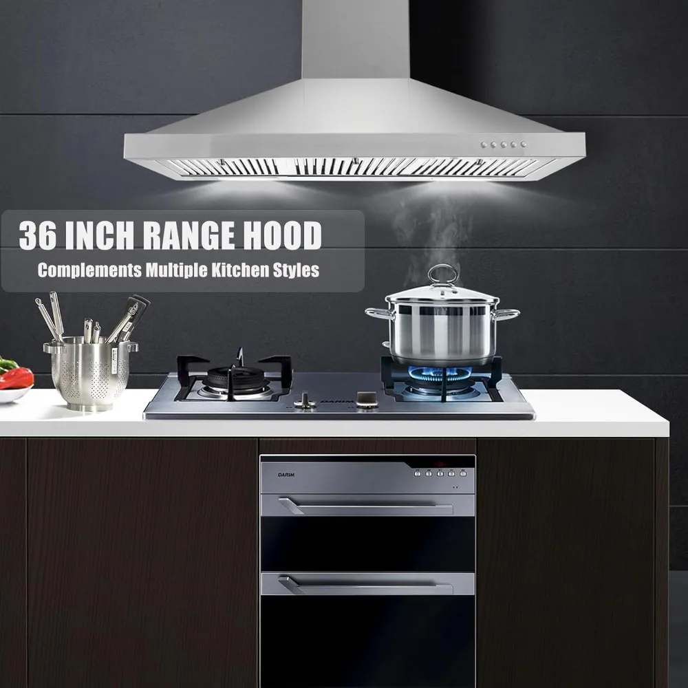 36 inch Range Hood, Wall Mounted Vent Hood in Stainless Steel, Ducted/Ductless Kitchen Hood w/Push Button Control,