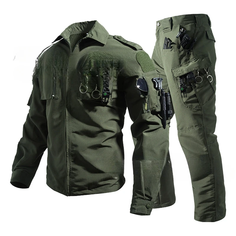 QICHE New Men Spring‑Fall Outdoor Tactical Camo 2‑Piece Suit Multi‑Pocket Abrasion‑Resistant Workwear Jacket Pants