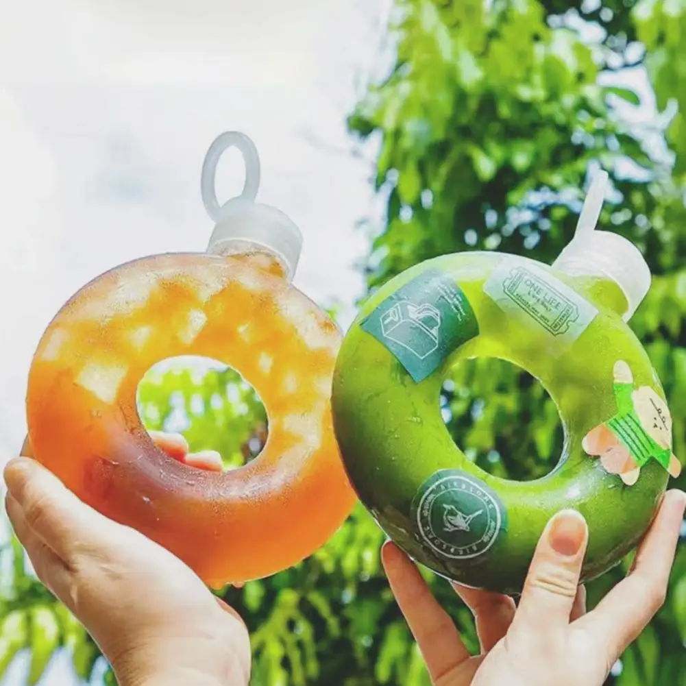 500ML/350ML Cute Donut Water Bottle Handle Ring  Women Girls Travel Cup Transparent Drinking Bottle