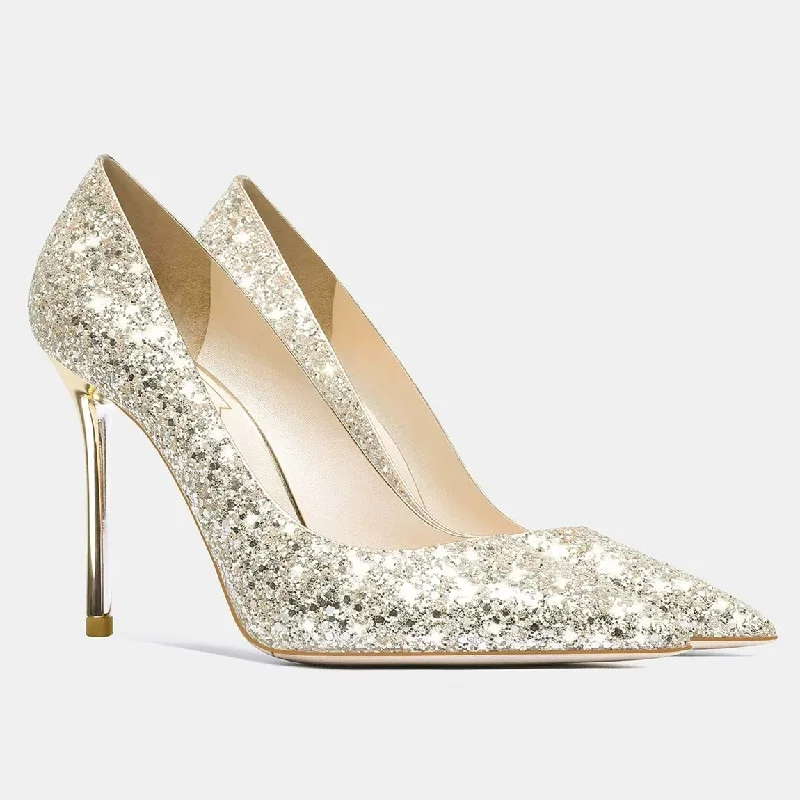 Spring and summer pointed shallow sequin bride shoes thin high-heeled banquet dress versatile large size small size women's shoe