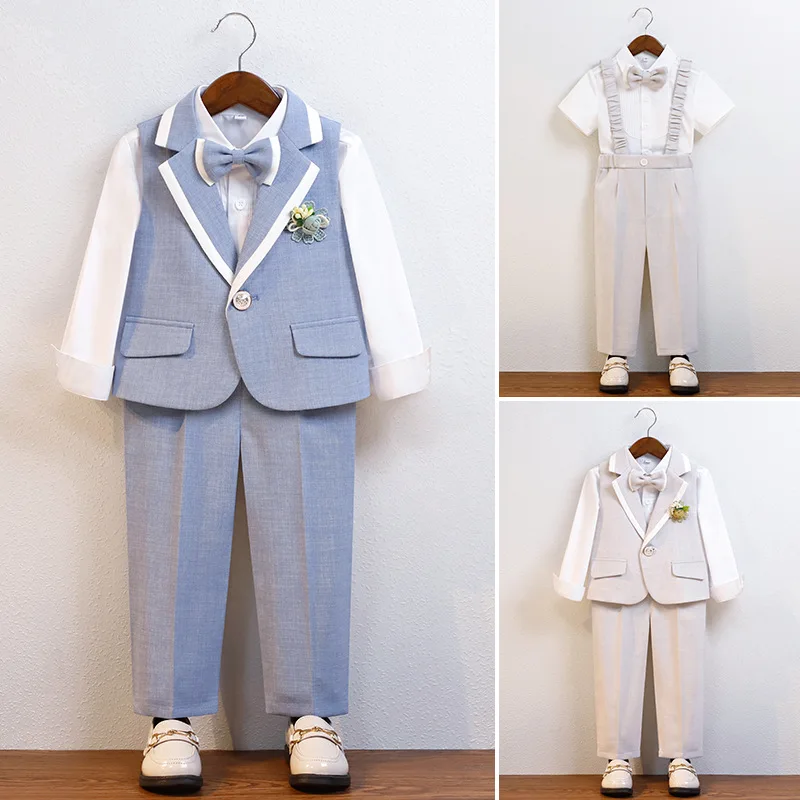 Children's Day Summer Performance Dress Boys Breathable Photography Suit Kids Vest Shirt Pants Bowtie Wedding Ceremony Costume