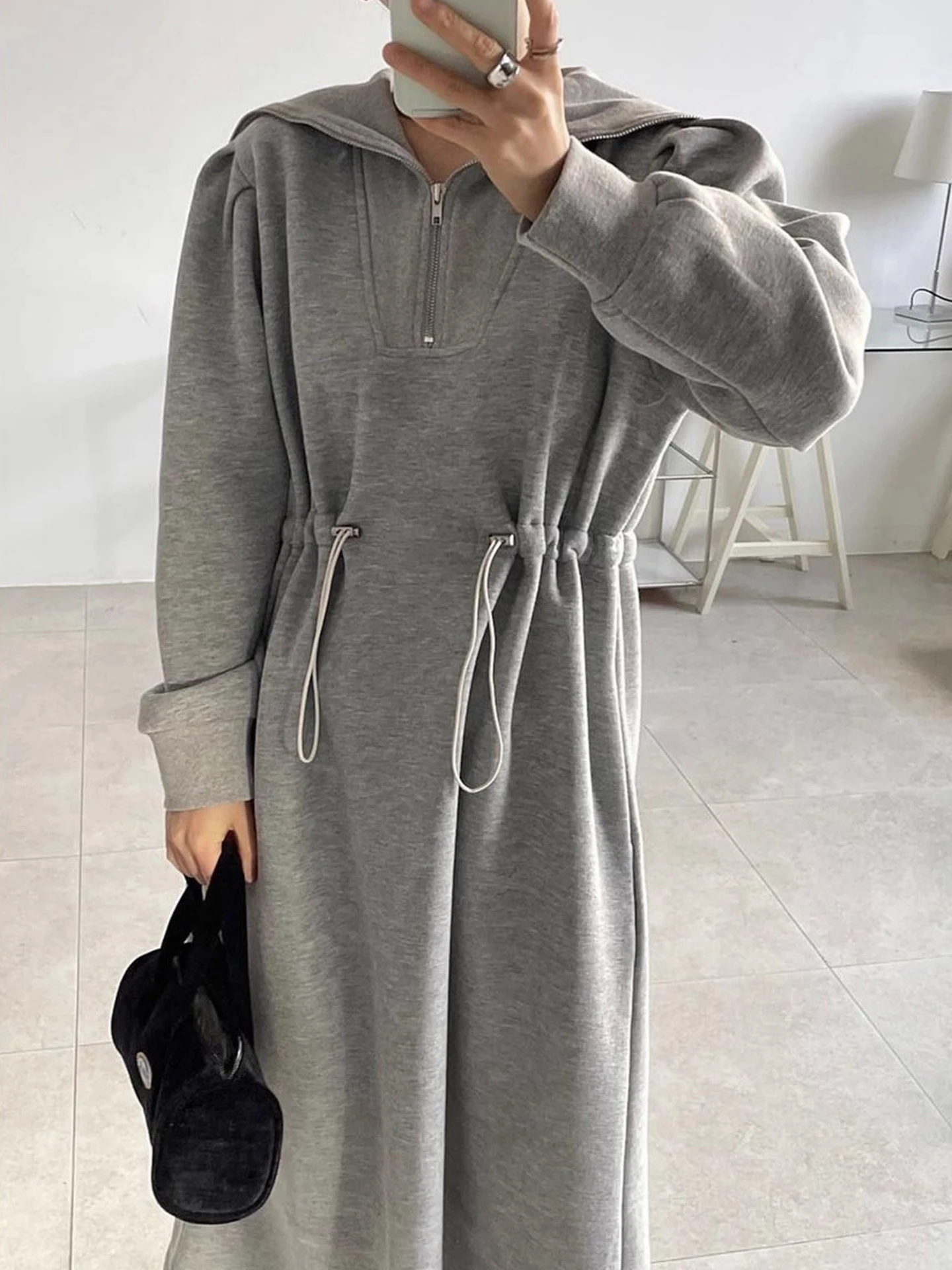 Anti-Aging Ele Collared f-Zip Dstring Hoodie Dr Damen Winter Schlankheits Langer Rock Hohe Taille Pendeln Sle