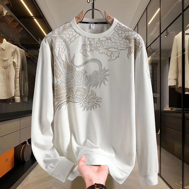 LuxuryHot Stamping Round Neck Pullover Shirt Men Autumn Winter Thicken Keep Warm Golden Velvet Long Sleeved Bottoming Shirt Tops