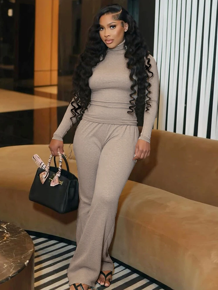 

Weird Puss, повседневный комплект из 2 предметов, женский спортивный костюм, простые футболки с высоким воротником + прямые брюки, эластичные одинаковые уличные базовые наряды