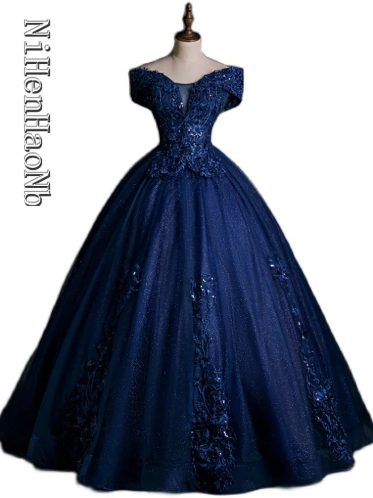 Vestidos de quinceañera azul marino, vestidos de baile de tul, hombros descubiertos, apliques dulces 15 16, vestidos de fiesta