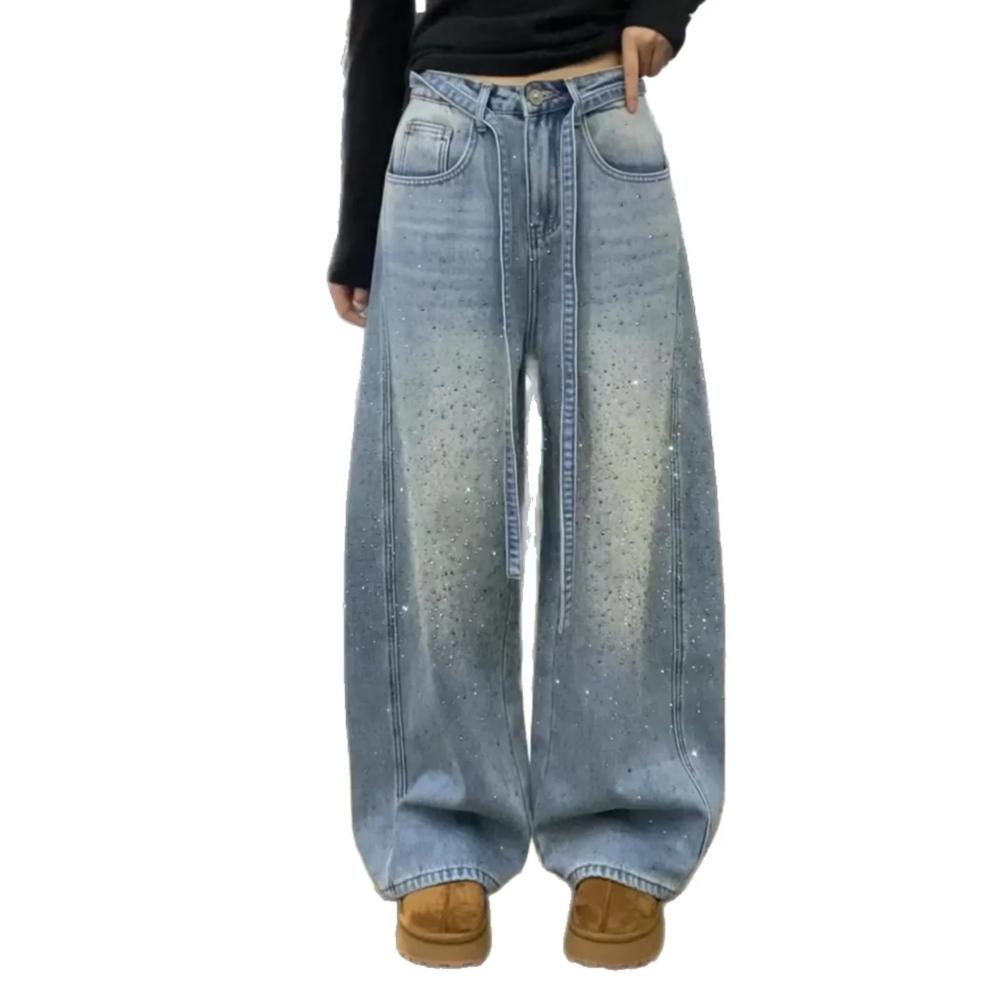 

Новые женские джинсы-кимары в корейском стиле с широкими штанинами, украшенные стразами горячей фиксации, коллекция Весна 2026