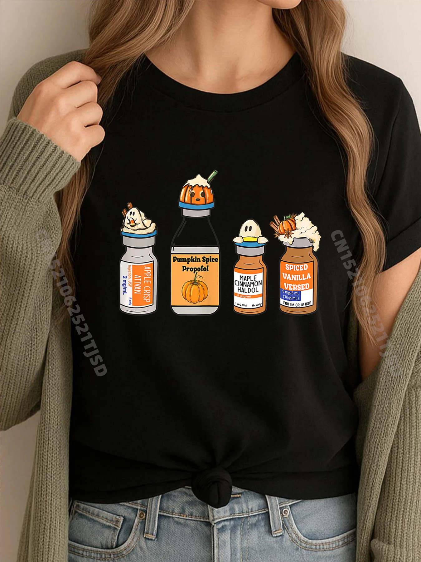 

Пропофоль с тыквой и специями Ativan Versed Haldol Медсестра Хэллоуин Мужская дизайнерская одежда Женская одежда Ретро стираная футболка с персонажем
