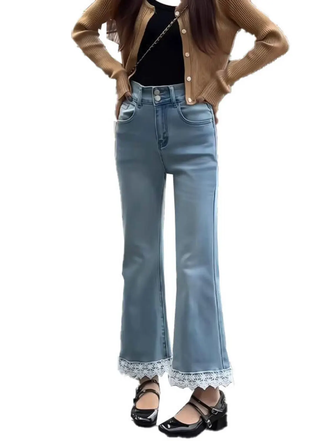

Women's Light Blue Bootcut Jeans High Waist Lace Trim Cropped Denim Pants Vintage Y2K Flare