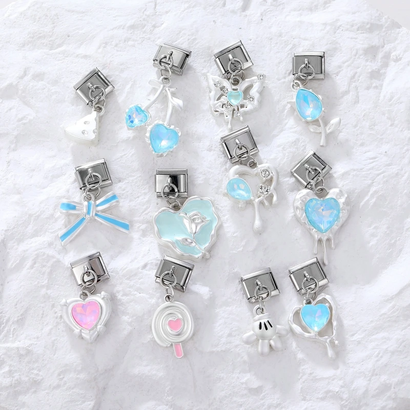 Sweet Candy Color Rose Bow Love Blue Pink Zirconia Italian Charm Links Fit 9mm Bracelet Stainless Steel Diy Jewelry Making Gifts