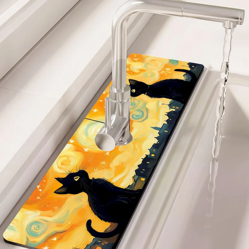 VIKAMA Starry Sky Black Cat Faucet Absorbent Pad Quick Drying Anti Slip Dripping Pad Oil Painting Drainage Pad Home Decoration