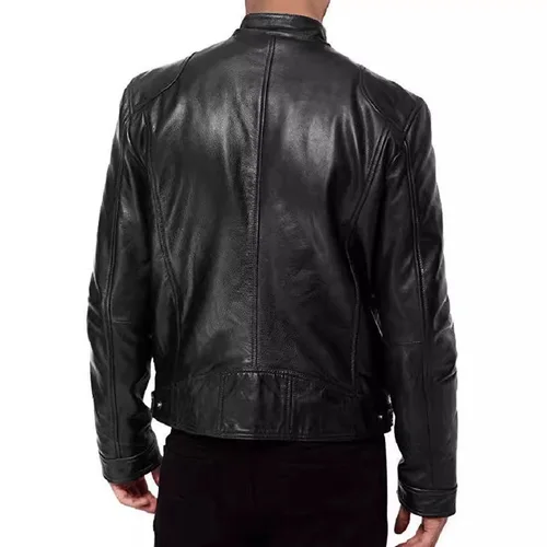 Imagen 2 del producto Nuevas chaquetas de cuero para hombre, Otoño Invierno, chaqueta delgada de alta calidad para motocicleta de PU, abrigos de cuero negros cálidos de lana de negocios para hombre