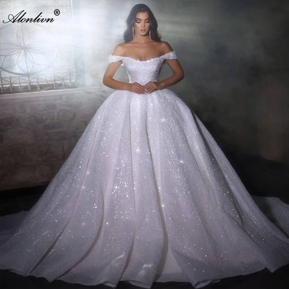 

Alonlivn Vintage Beading Pearls Lace Boat Neck Ball Gown Wedding Dresses Novias Off Shoulder Sleeves Elegant Bridal Skirts