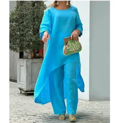 Autumn Casual Irregular Dress Pants Two Piece Sets Women Solid O-neck Long Sleeve Dresses Outfits Office Cotton And Linen Suit