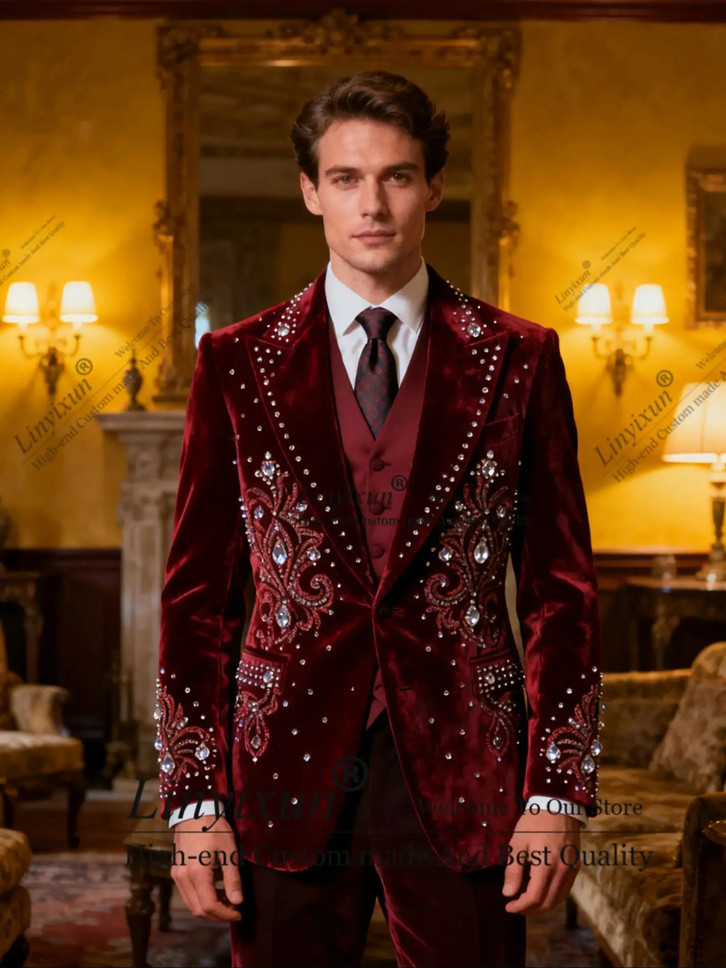 

Блестящие металлические стразы и кристаллы, мужские костюмы, 3-х предметные смокинги для жениха, свадебный мужской вечерний пиджак, индивидуальный пиджак с остроконечными лацканами, Ropa Hombre