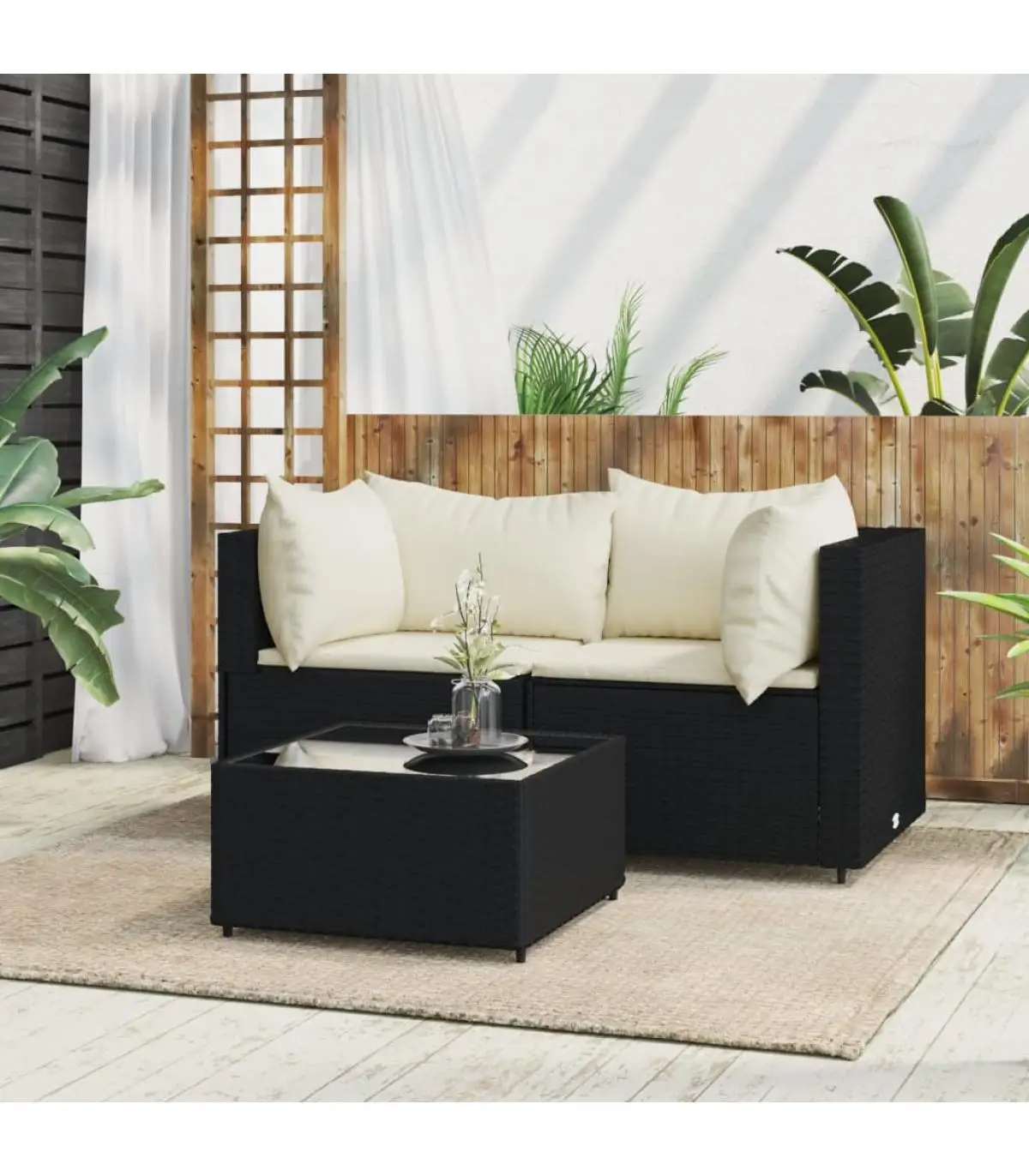 Outdoor sofas 3 PCs garden furniture Set and black synthetic rattan cushions