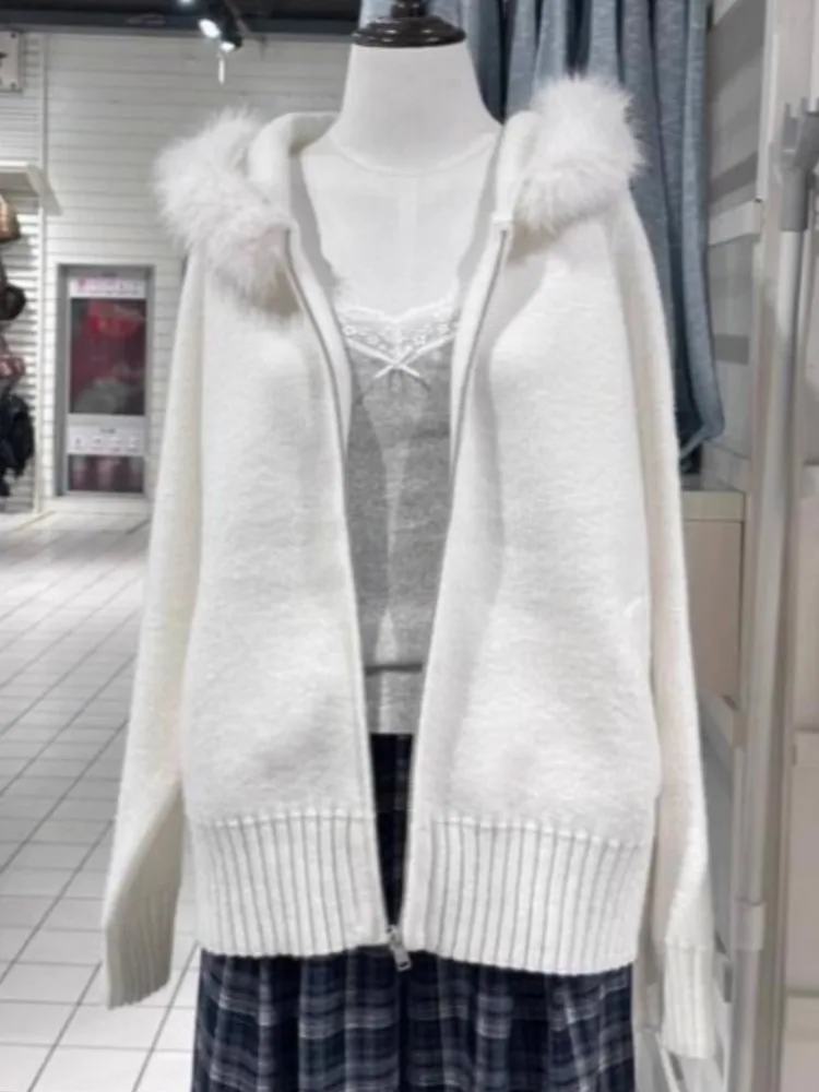 

New Solid Plush Knitted Hooded Women Autumn Casual Pockets Cotton Warm Sweaters Tops Vintage Preppy Style Chic Sweater Cardigan