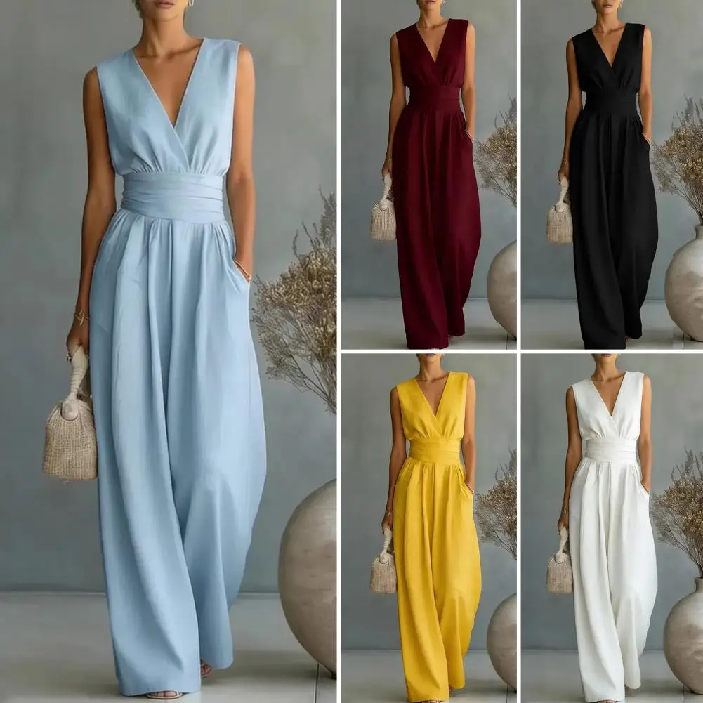 Women's Sleeveless Jumpsuits V Neck Straight Long Pants Rompers With Pockets Summer Casual One Piece Overalls 2026