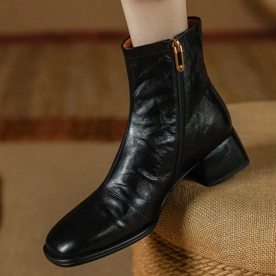 danxuefei 2024 autumn new women\'s  cow leather side zip square toe ankle boots 4cm thick low heel casual female short boots shoe