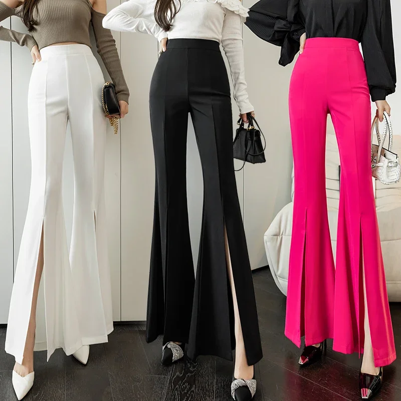 

Chic Korean Fashion Ladies Wear Split Hem Bell-bottoms Pants Women OL High Waist Zipper Fly Trousers Female Streetwear Clothes