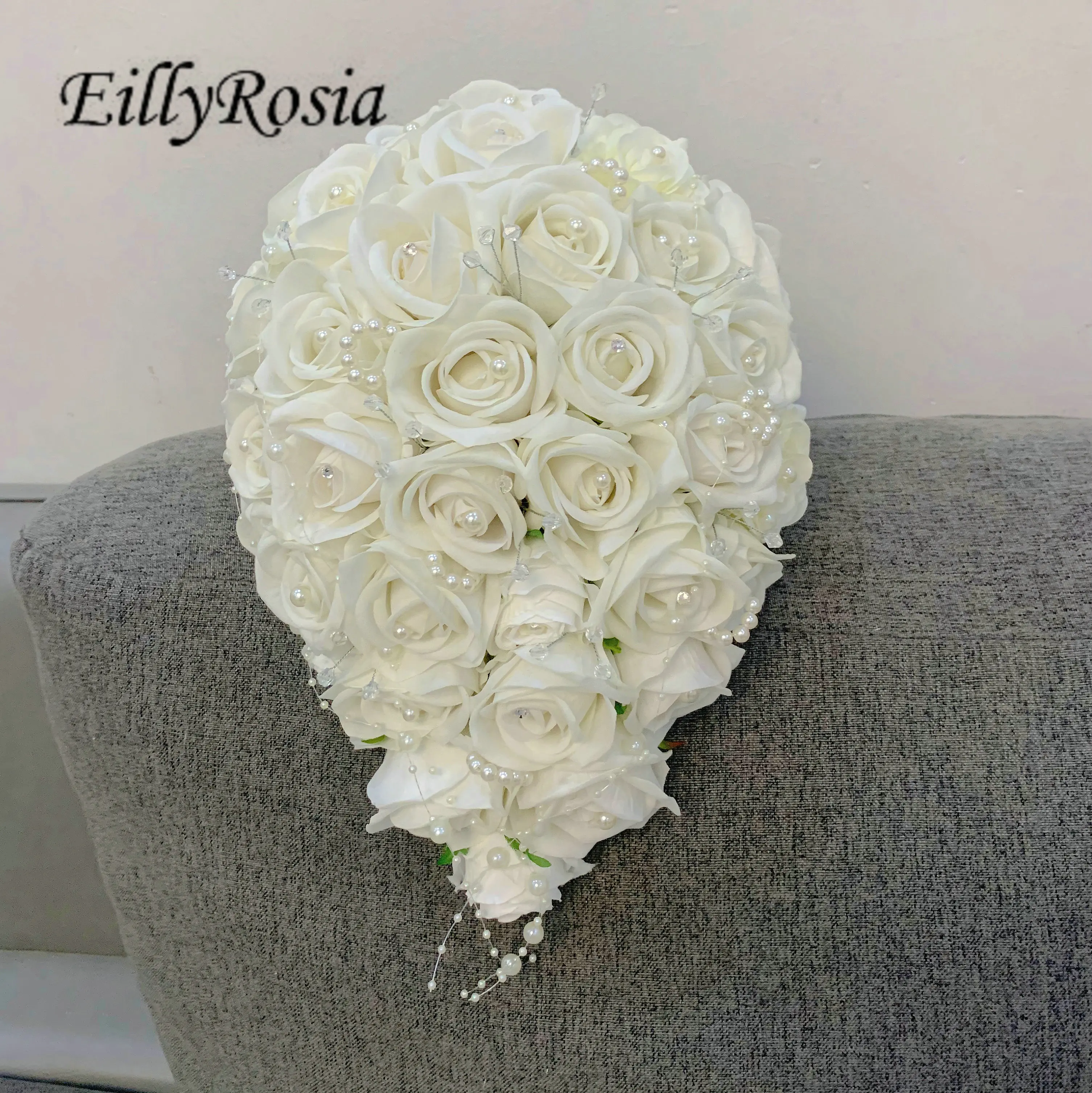 

EillyRosia Cascading White Wedding Bouquet with Pearls Romantic Beach Wedding Flowers Artificial New Arrival