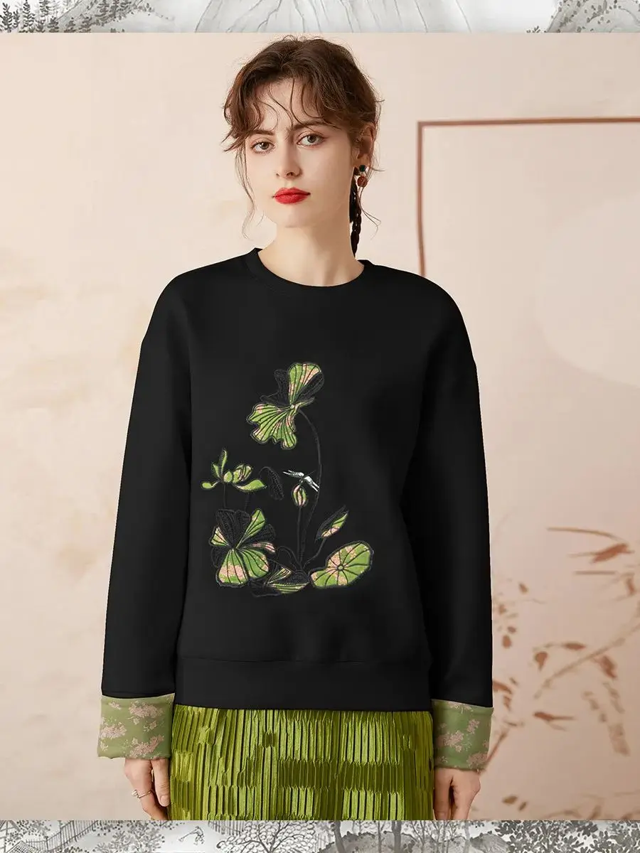 LOUIS YAO Women Chinese Style Pullover 2024 Spring Elegant Embroidery Round Neck Long Sleeve Loose Black Apricot Top