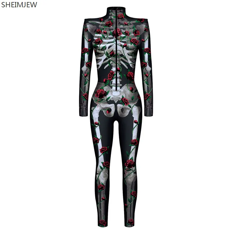 3D Printing Halloween Rose Butterfly Skull Cosplay Costume Sexy Jumpsuit Skeleton Bodysuit Adult Carnival Party Monos Muje
