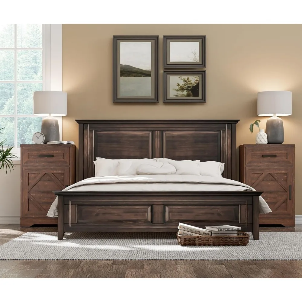 Living Room 32 H Coffee Table (2 Sets), Cabinet with Drawers and Barn Doors, High Bedside Table, with Adjustable Device