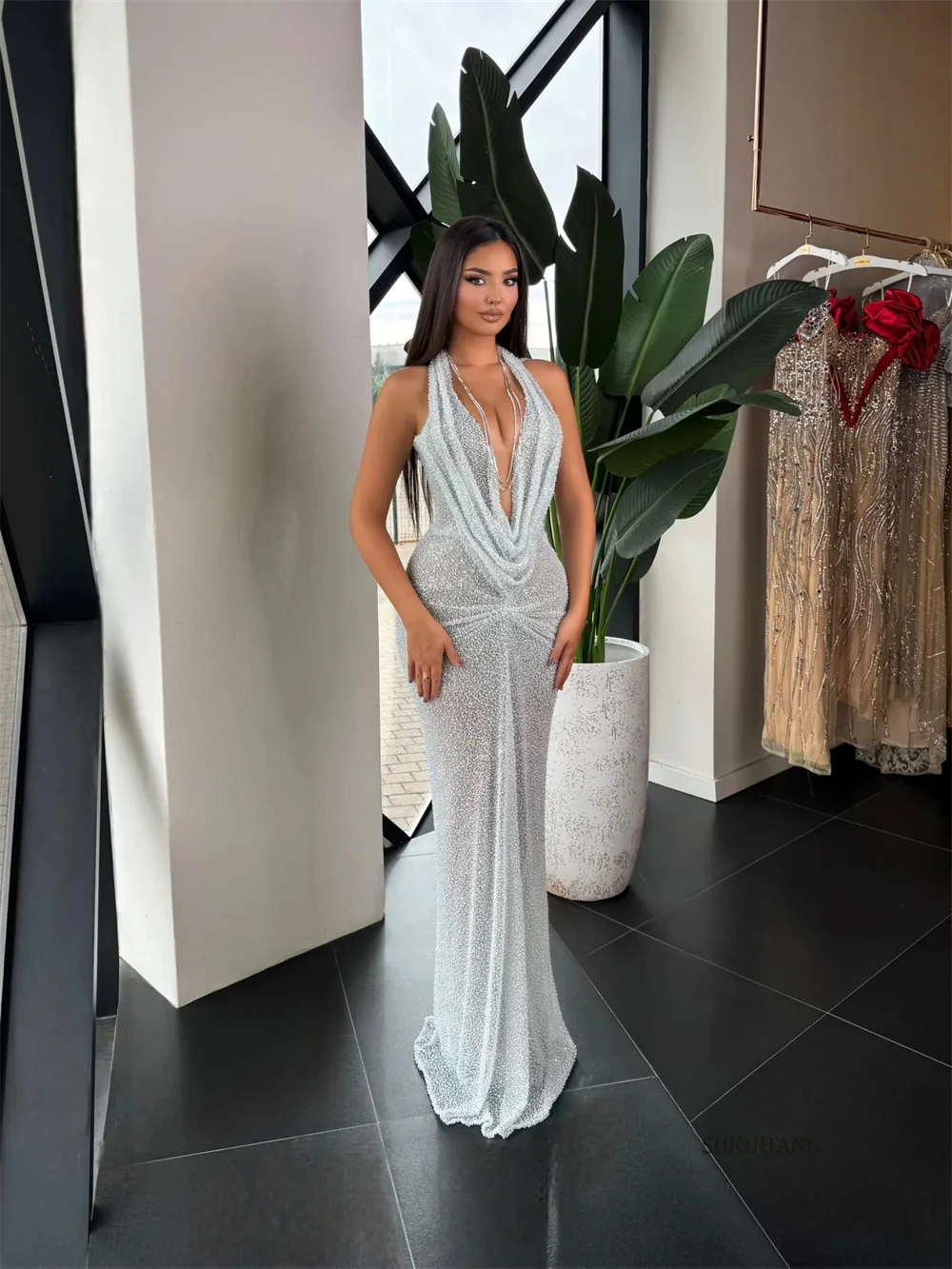 فساتين سهرة وردية من SUKUHANG بدون حمالات حورية البحر مطوي فستان حفلات للنساء مناسبة فستان فيستدوس دي فييستا مخصص #4