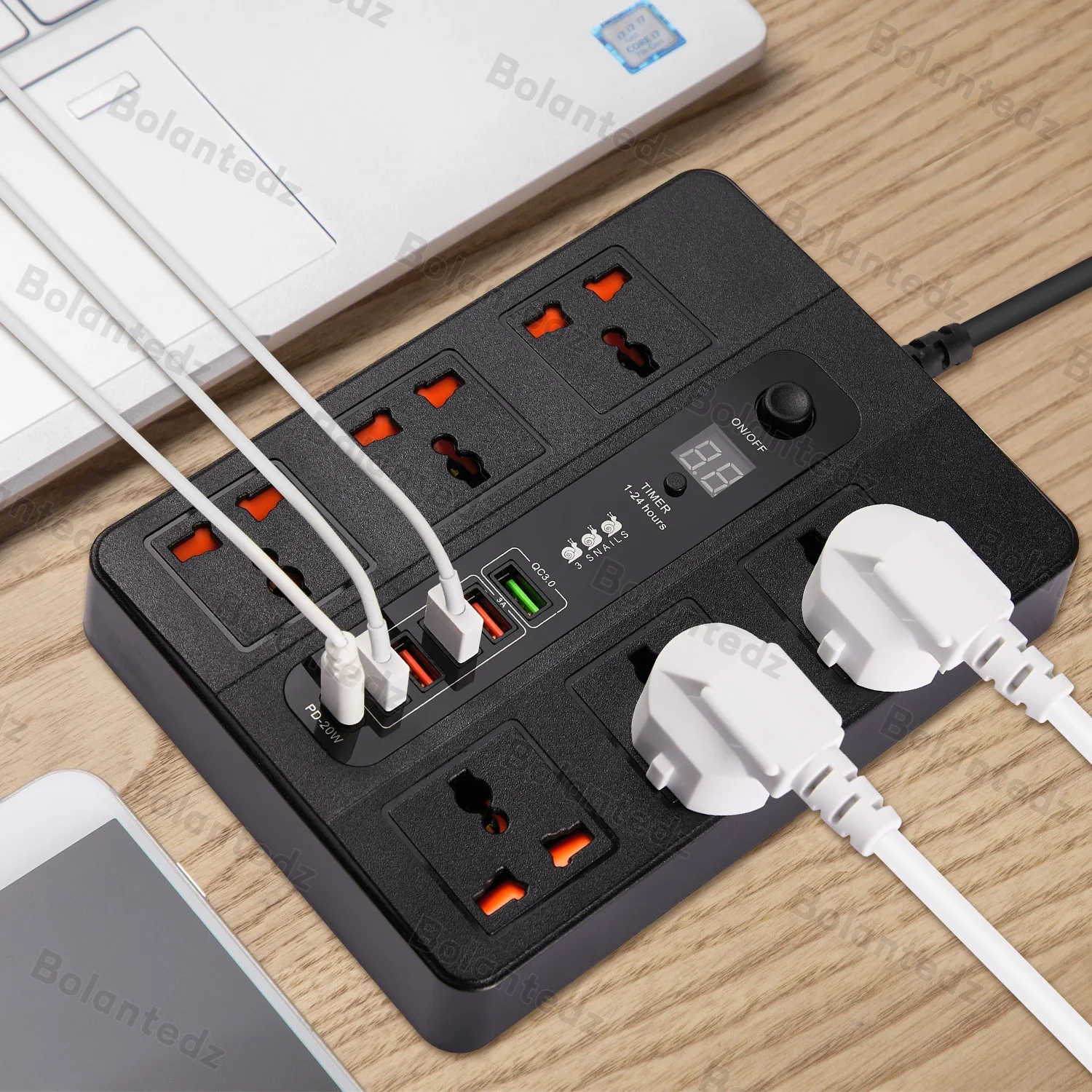 3000W 6 Universal AC jack Power Strip Surge Protector 2M Extension Socket Timed desktop socket With PD2.0 QC3.0 Fast USB Charger