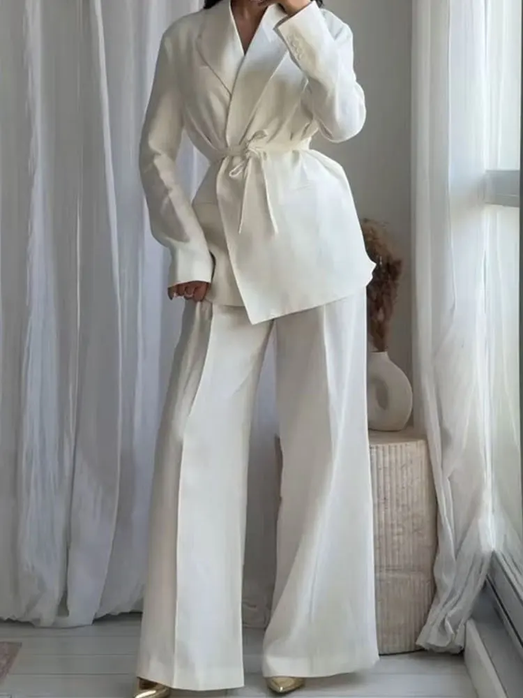HH 2025 Female Fashion Sets White Turn-Down Collar Pockets Lace-Up Blazers+High Waist Zipper Long Pants Women Casual Suits