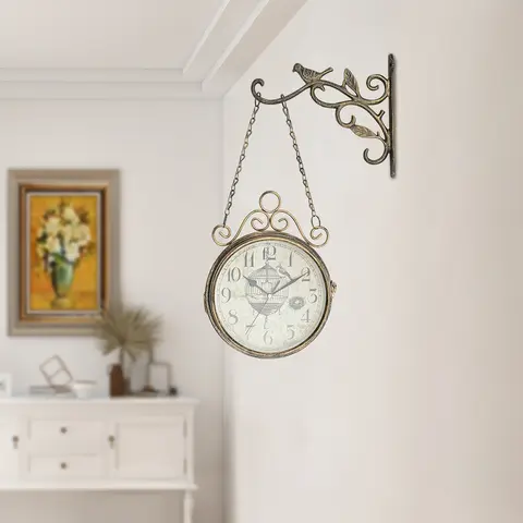 Vintage Double-Sided Wall Clock Round Wall Clock Decor Quiet Mechanism Hanging Retro Clock for Living Room Lounges Art Galleries
